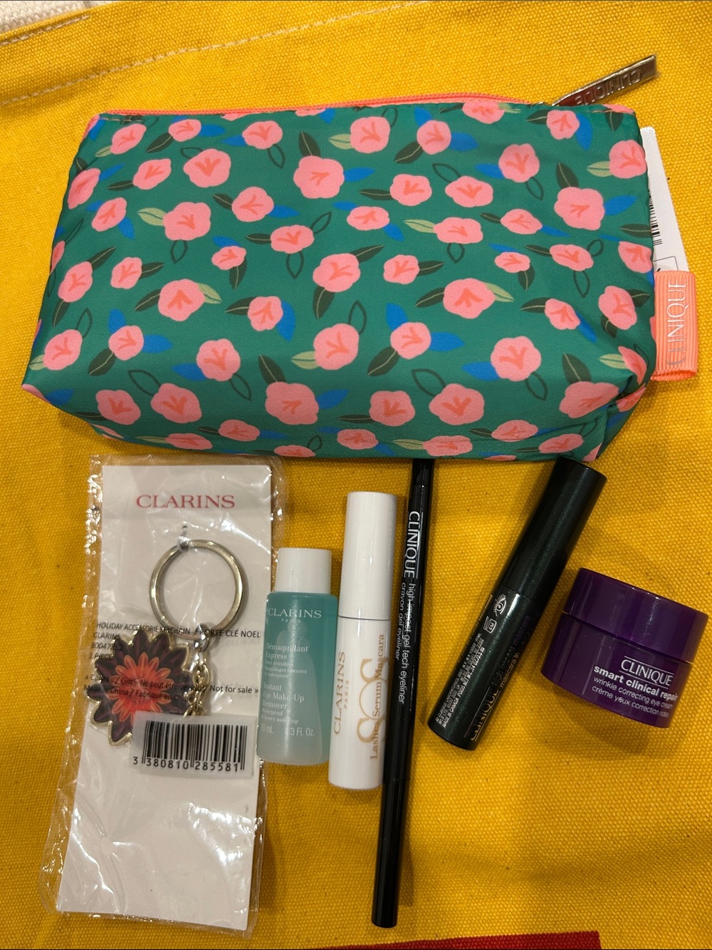Clinique Green Floral Cosmetic Pouch with Pink Blossom Print